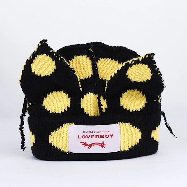 Loverboy Kattöron Stickad Hatt Dubbellager Varm Grisöron Hatt Söt Mode Huva Niche Design Hip-Hop Personlighet Kalla Hatt P58dot black yellow M 56-58cm