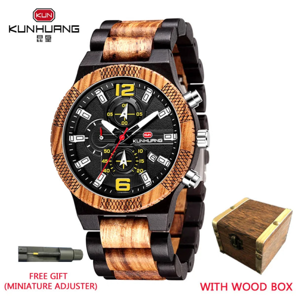 Träklockor för män Lyxig, självlysande, multifunktionell watch Herrkvarts watch Herrmode Sport Klockor Relogio Brown Black wood box