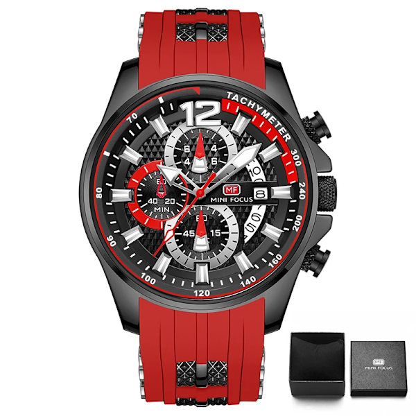 MINI FOCUS Röd watch för män Mode Lyx Chronograph Quartz Armbandsur med silikonband Lysande visare Datum Vattentät 0350 0350Red-Box