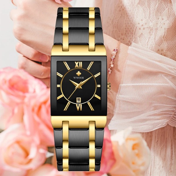 WWOOR Watch Toppmärke japanska kvartsklockor Fyrkantig svart watch i rostfritt stål Vattentät mode damarmbandsur gold black box