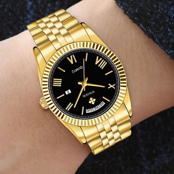 WWOOR Nya guldklockor Herr lyxigt rostfritt stål med kalender Warterproof manlig klocka Week Quartz Armbandsur Relogio Masculino Gold gold