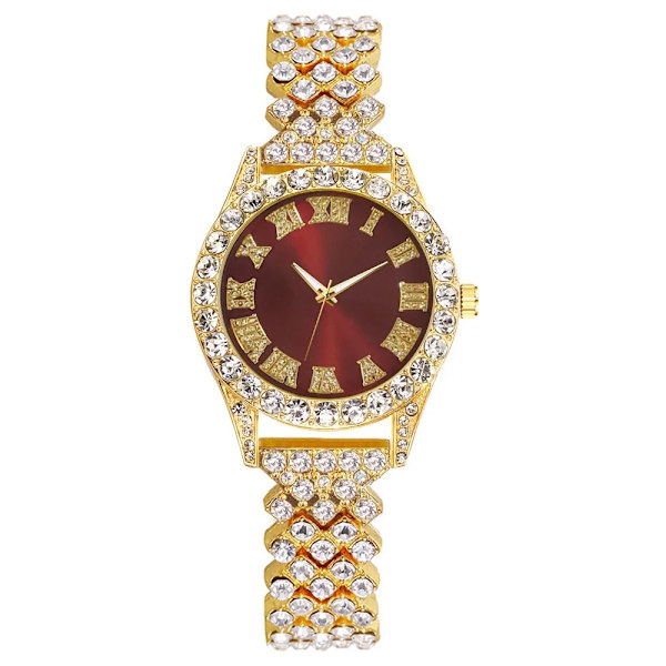 Mode Rhinestone Roma siffror Damklocka Watch i rostfritt stål Damarmbandsur Klocka Zegarek Damski Gold Red
