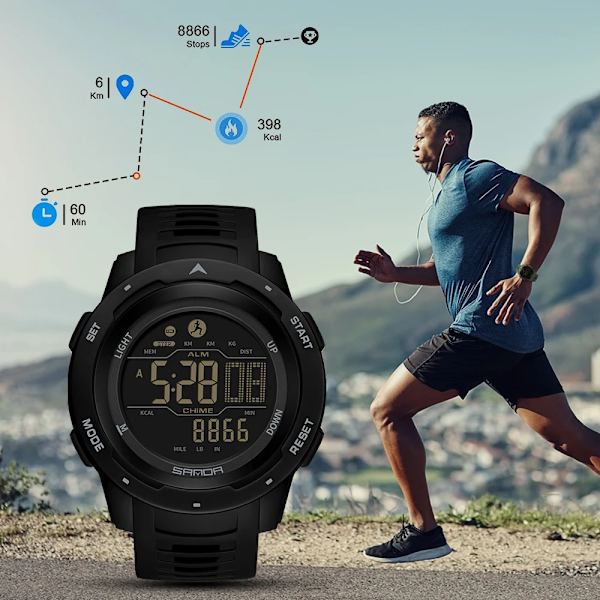 SANDA Märke Herrklockor Sport Stegräknare Kalorier 50M Vattentät LED Digital Watch Militär Armbandsur Relogio Masculino 2145 Red