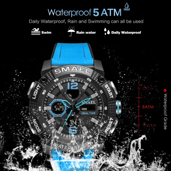 SMAEL Dual Time LED Display Digital watch för män Vattentät Simning Quartz Sportklockor Auto Date Alarm Clock Armbandsur 8039 Khaki