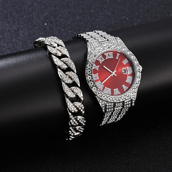 Iced Out Watch Herr Lyx Märke Full Diamond Herrklockor AAA CZ Quartz Watch Vattentät Hip Hop Man Klocka Present För Herr Silver Red Set
