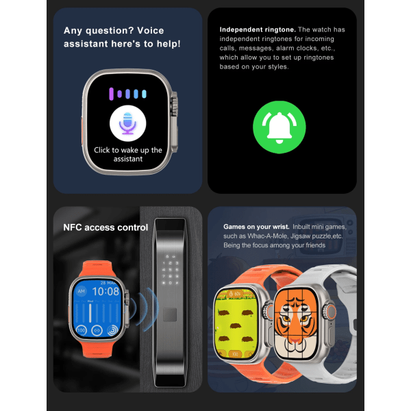 Smart Watch Ultra 2 tums HD-skärm NFC Smartwatch Bluetooth samtal Puls Sömnmonitor Series 8 Klockor för män kvinnor With Silicone Strap(.1358)