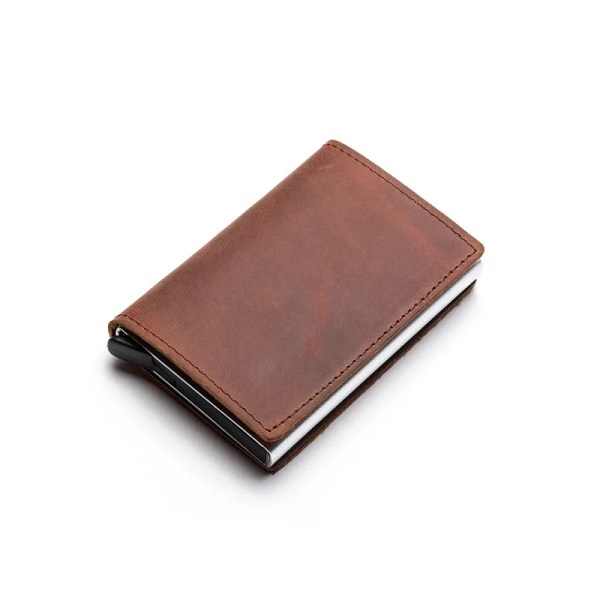 ZOVYVOL 2023 Ny RFID-korthållare i äkta läder Case Clutch Popup-plånbok Äkta läder Aluminiumlåda Tunna smarta plånböcker Brown YM010