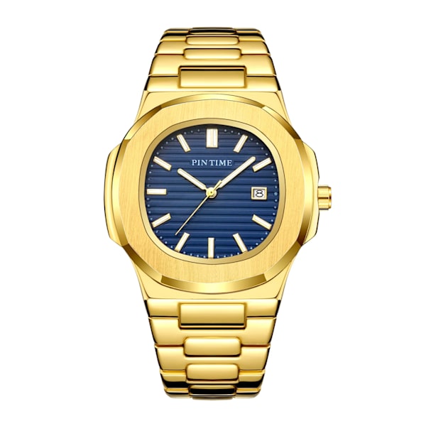 PINTIME Nytt mode för män Casual PP watch Frostat case Quartz Urtavla Klockor Lyxdesign Män Sport Armbandsur Present med låda gold with blue
