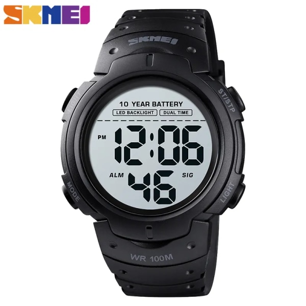 SKMEI 1560 Herr 2 Tid 10 År Batteri Väckarklocka reloj hombre Sport Fitness Klockor Herr Digital 100M Vattentät Watch Black