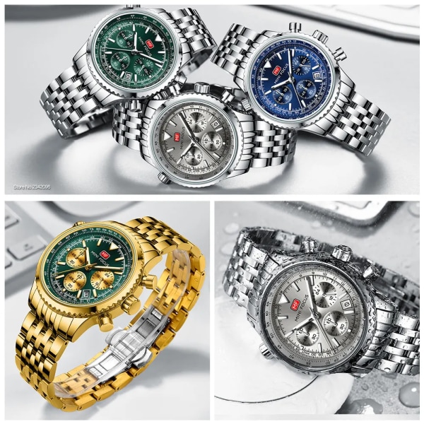 MINI FOCUS Silver Blue Quartz Watch för män Vattentät 24-timmars Chronograph Armbandsur med Auto Date Rostfritt stålarmband 0463 Silver Blue