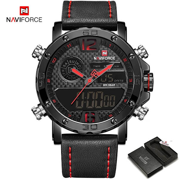 2021 NAVIFORCE Toppmärke Sportklockor Herr Läder Vattentät Man Quartz Digital Dubbel Watch Man Klocka Relogio Masculino BRB-with Box