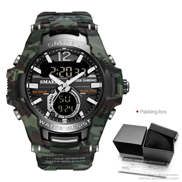 SMAEL Sport Digitala klockor för män Army Kamouflage Simning Armbandsur Väckarklocka Kalender LED Bakgrundsbelysning Dual Time Watch 1805 Camo green-Box