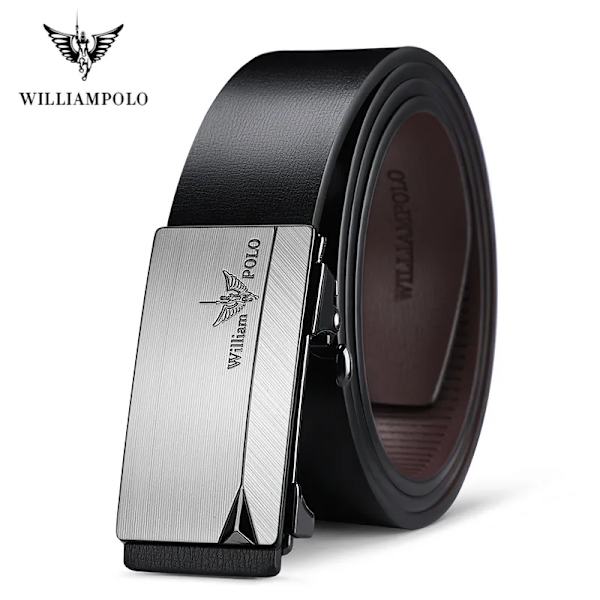 WILLIAMPOLO berömda märkesbälte män högsta kvalitet äkta läder lyxdesigner manliga automatiska spännbälten för män 105-130cm Silver-20213 110cm