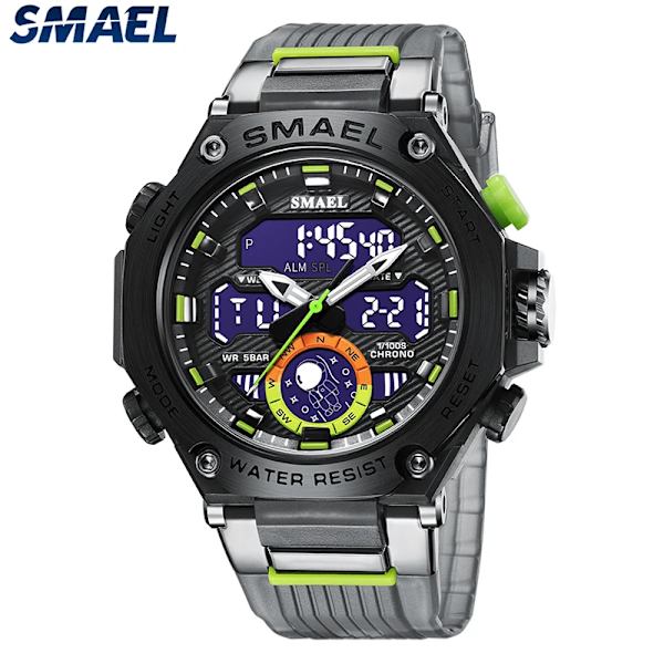 Quartz Armbandsur Sport SMAEL Military Army Clock Alarm Dual Display LED Elektronisk Watch 8069 Vattentäta klockor för män GRAYGREEN