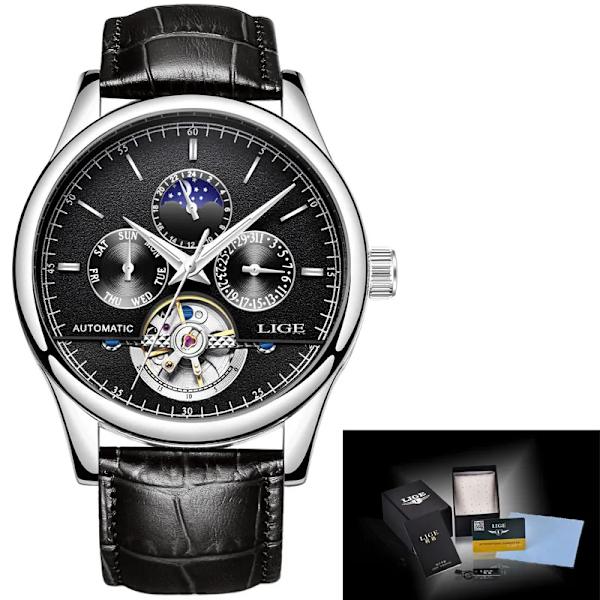Relogio Masculin LIGE Nya Herrklockor Toppmärke Lyx Automatisk Mekanisk Watch Herr Läder Vattentät Watch Veckoklocka+låda Silver black