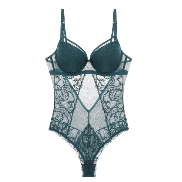 Sexig Spets Body Underkläder Dam Transparent Tull Ett stycke Push Up BH Strings Set Slim Fit Hollow Out Underkläder för kvinnor Green