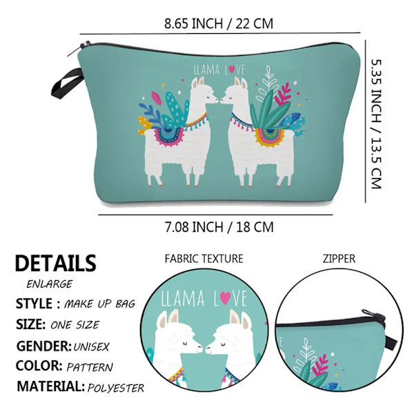 Sminkväska Värmeöverföring Härlig kosmetisk väska med print Liten toalettväska för damer och flickor Presenter Högkvalitativt case 307-7 Alpaca Bag