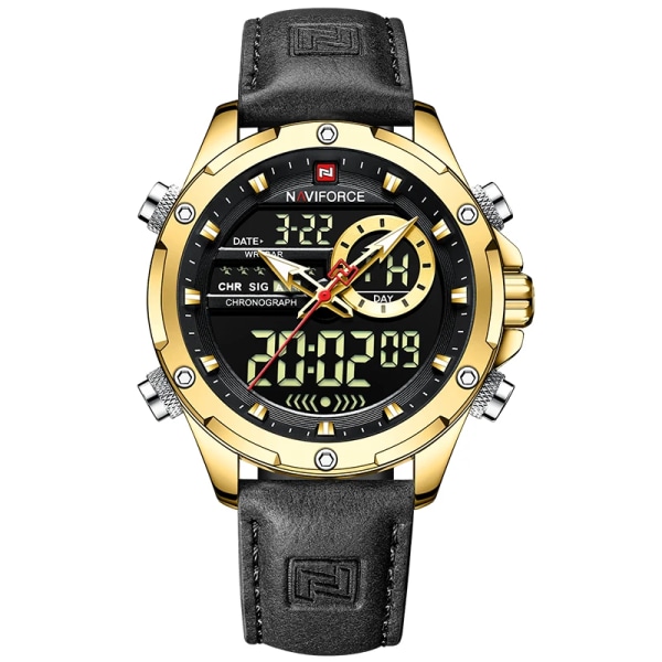 Nya NAVIFORCE klockor Herr Lyxmärke Militär Sport Watch Chronograph Quartz Vattentät Watch Läder Herrklocka Gold Black