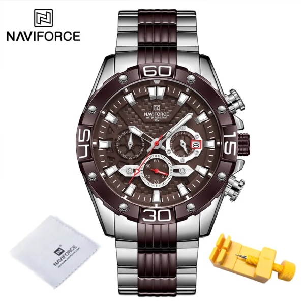 NAVIFORCE Modeklockor för män Lyxig Original Klassisk Kvartsklocka Analog Kronograf Sport Vattentät armbandsur i stål SCE