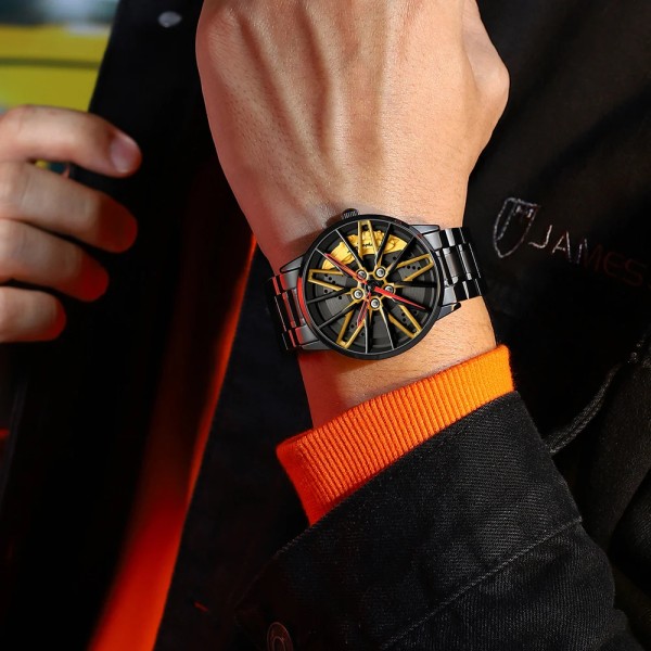 Original 3D Real Man-klockor Vattentäta Rotera Klockor Watch Quartz Herrsport 360° Rotera Hjulklockor För Herrklocka Lambo-Yellow-W