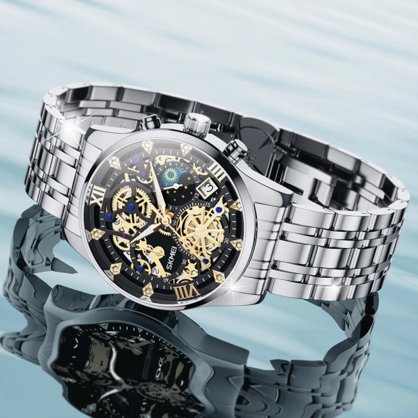 SKMEI Top Brand Luxury Full Steel Business Klockor Herr 3Bar Vattentät Japan Quartz urverk Kalender Armbandsur reloj hombre Leather bracelet