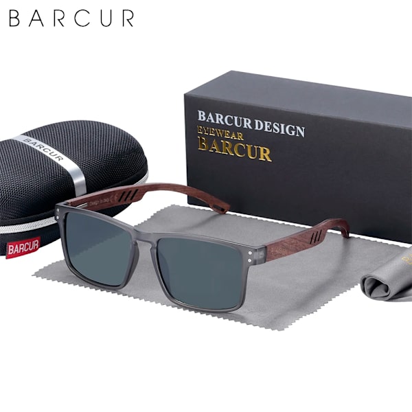 BARCUR Solglasögon för män Märkesdesigner Naturligt valnötsträ Solglasögon Dam Polariserade glasögon UV400 Eyewear Oculos Gray Greenkish EVA BARCUR