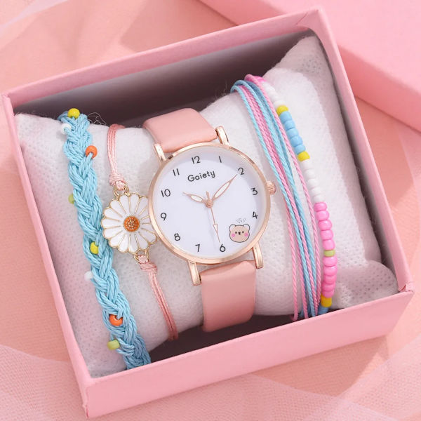 Nytt 5 st Damklocka Watch Set Läder Söt Björn Flickor Armbandsur Mode Dam Quartz Klocka reloj mujer Studentpresent A pink