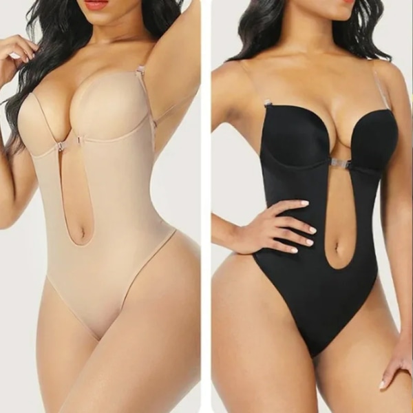 Sexig Full Bodyshaper BH Dam Deep V Cabriolet BH Thong Shapewear Rygglös Osynlig Push Up Underkläder Slimming Bodysuit Skin S