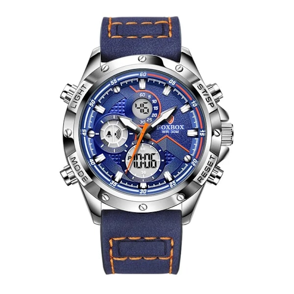 2023 Ny Dual Display Herrklockor Lyx Sport Vattentät Kvarts Elektronisk Watch För Män Mode Läder Lysande Kronograf L Silver blue