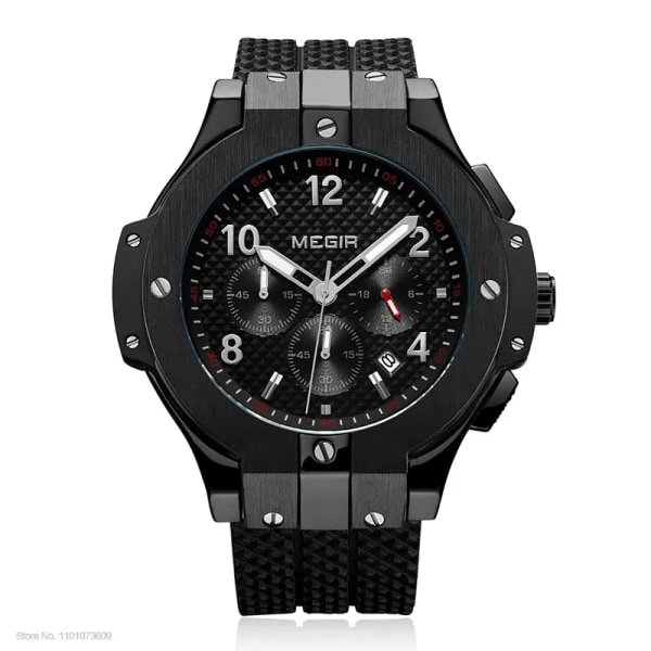 MEGIR Analog Quartz Watch for Herr Mode Chronograph Armbandsur med silikonrem Ljusande händer Automatisk datum 24-timmarsvisning Black