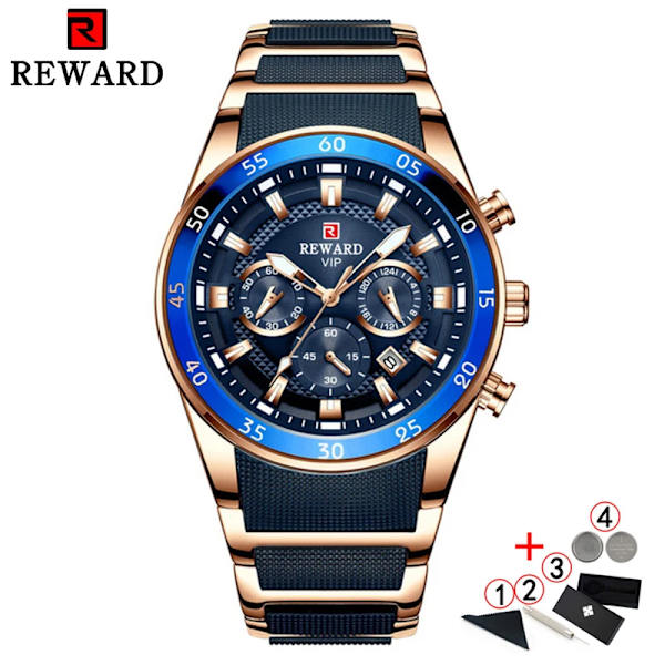Belöning Sport Herrklockor Lyxmärke Lumious Hands Chronograph Man Armbandsur Herr Vattentät Full Steel Montre Homme 2021 rose blue box