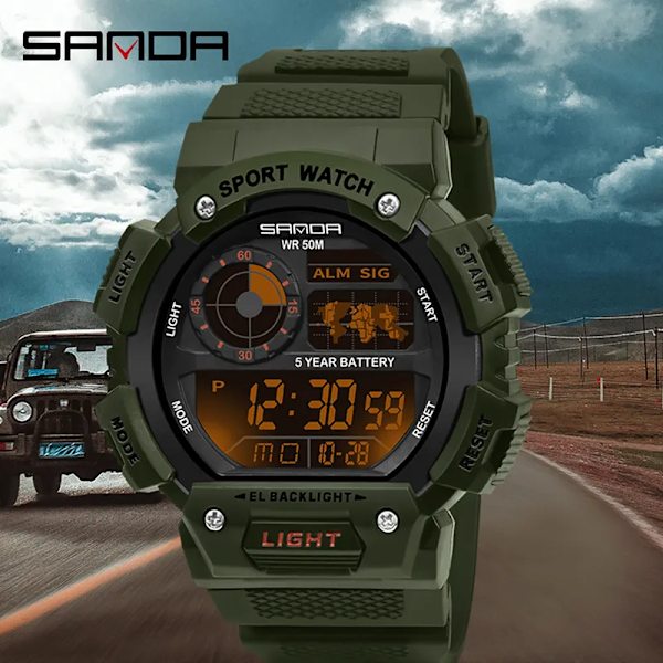 SANDA Herr Elektronisk Watch Lysande Vattentät Multifunktionell Utomhussport Herrklockor Watch Relogio Masculino 6009 Army Green