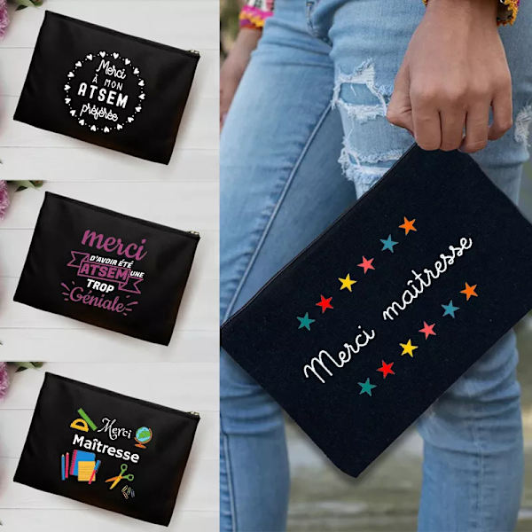 Franskt print Thank You Mistress Svart Wristlet Clutchväska Merci Ma&#238;tresse Lärare förvaringsväska Resetvättpåse Lärarpresenter 3ThankwM0018