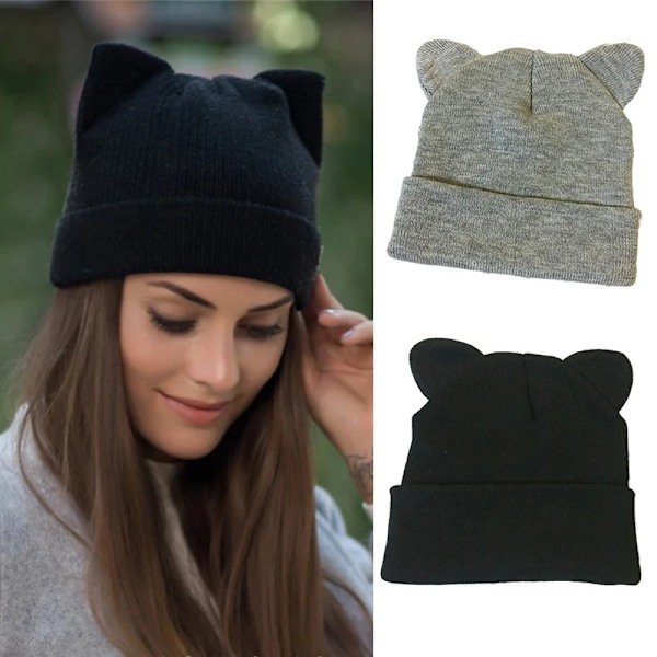 Snygga Kattöronmössor för Kvinnor Stickade Vintermössa Mjuk Varm Virkad Dammössa Enfärgad Casual Beanie solid style black
