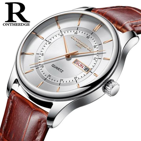 Hög kvalitet Rose Gold Urtavla Watch Män Läder Vattentäta Klockor Affärsmode Japan Quartz Rörelse Datum Man Klocka reloj Silver