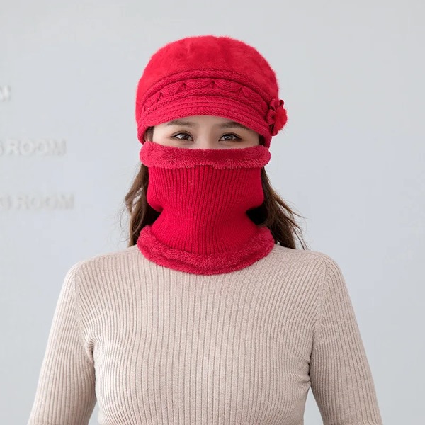 Ny vintermössa Tjock varm stickad mössa Halsduk Vantar 3-delars set för kvinnor Elegant blommig basker Utomhus Skidåkning Ridhjälm Red 2pc
