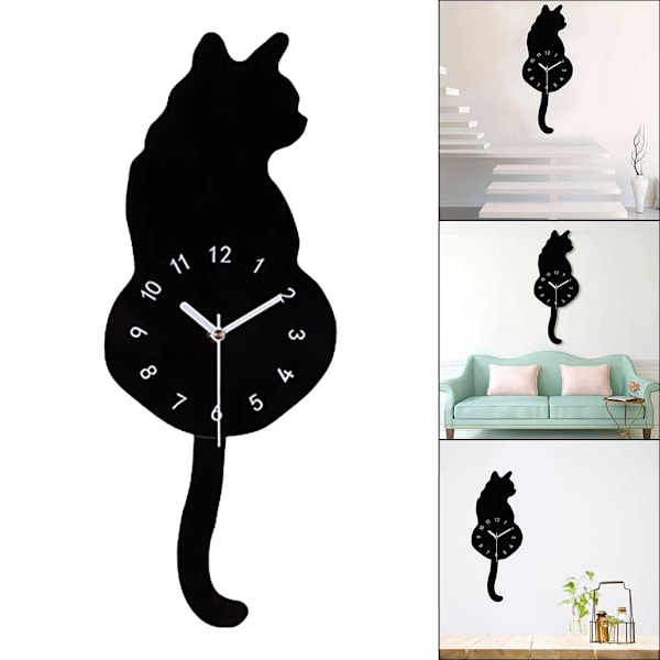 1 st 3D Katt Kvarts Väggklocka Svängande Svans Pendel Batteridriven För Sovrum 170x430mm
