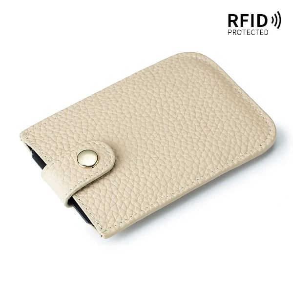 Smal korthållare i äkta läder Snabb åtkomst dragflik RFID-foder Mjuk kohud Män Kvinnor Bärbar cover. Beige
