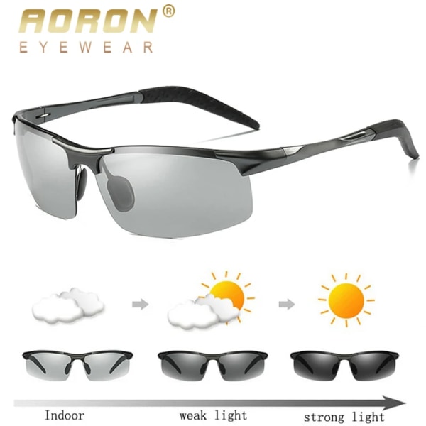 AORON Herr Photochromic Polarized Solglasögon Aluminiumbåge UV400 Solglasögon Herrglasögon Körglasögon Silver Frame Package A