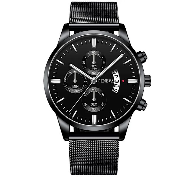 2023 Herrmode Business Kalender Klockor Herr Lyx Blå Rostfritt stål Mesh Bälte Analog Quartz Watch relogio masculino Black Silver