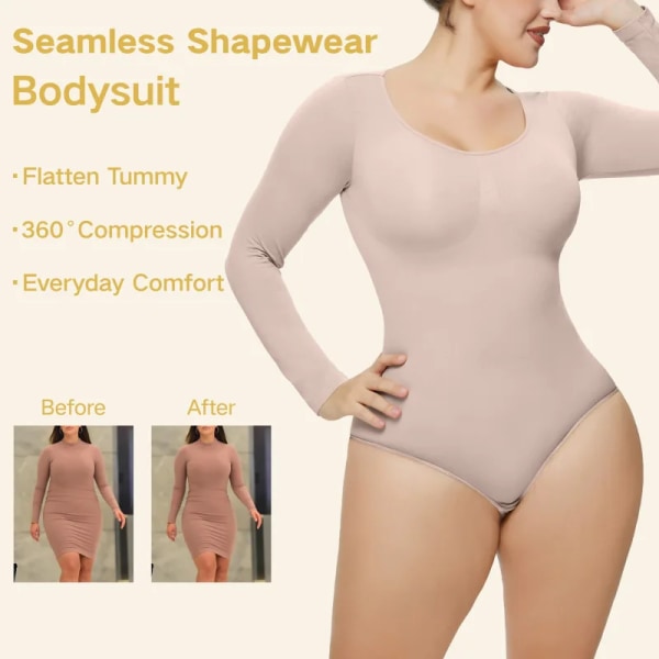 Sexiga jumpsuits för kvinnor sömlösa långärmade one-piece Shapewear för kvinnor Magkontroll ärmlös kroppsformare Beige L