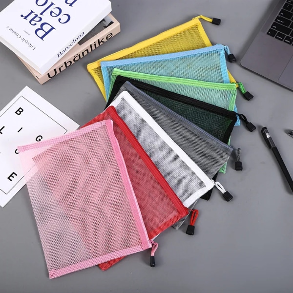 Transparent Synlig Nylon Mesh Makeup Kosmetisk Förvaringsväska Skolkontor Fil Dragkedja Student Penna Test Papper Organizer blue A6 (14.4x10.5cm)