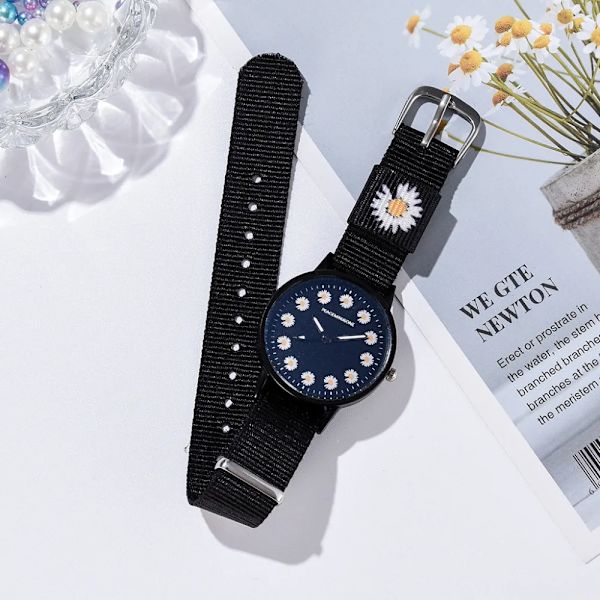 Watch Nylon Daisy Flowers Damarmbandsur Modeklockor Set Quartz Clock s relogio feminino set 2