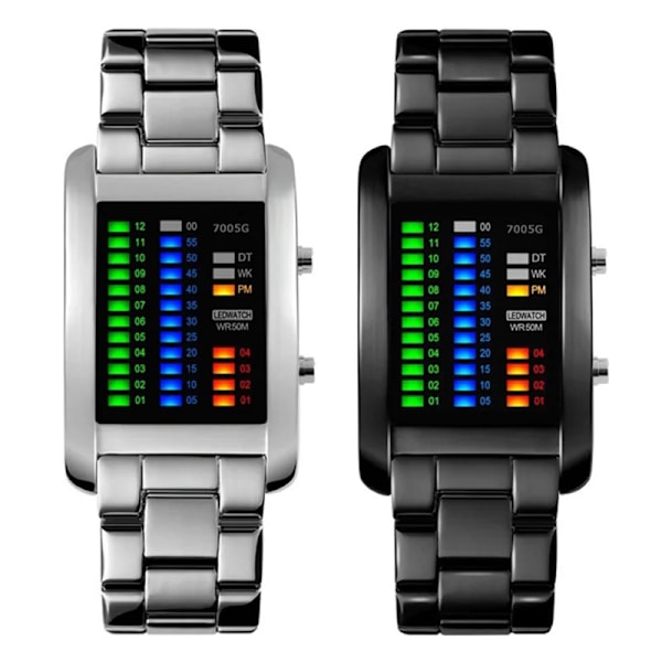 Binära watch resistenta klockor män 3ATM vattentät larm Chrono rektangel urtavla Canlender svart ljus tuff struktur Black With Box