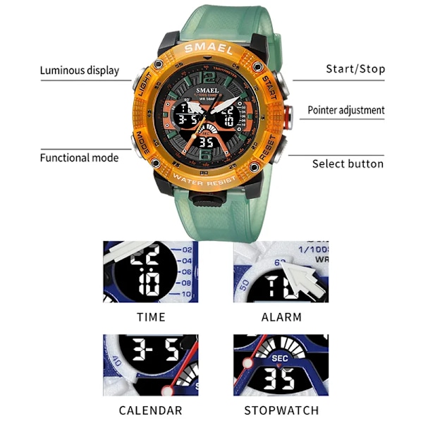 Sportklockor Vattentät SMAEL Manklocka Digital LED Display Kvarts Analog Stoppur Mode Grön Orange Klocka 8058 Watch GRAY