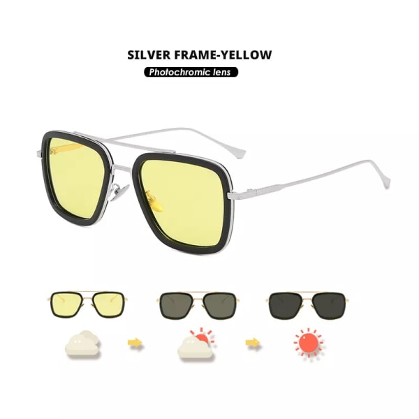 Toppkvalitet Tony Stark fyrkantiga solglasögon Fotokrom polariserade män glasögon Steampunk glasögon körglasögon zonnebril heren Silver-yellow Original