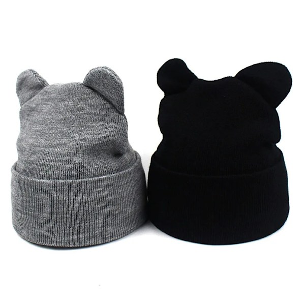 Snygga Kattöronmössor för Kvinnor Stickade Vintermössa Mjuk Varm Virkad Dammössa Enfärgad Casual Beanie solid style black