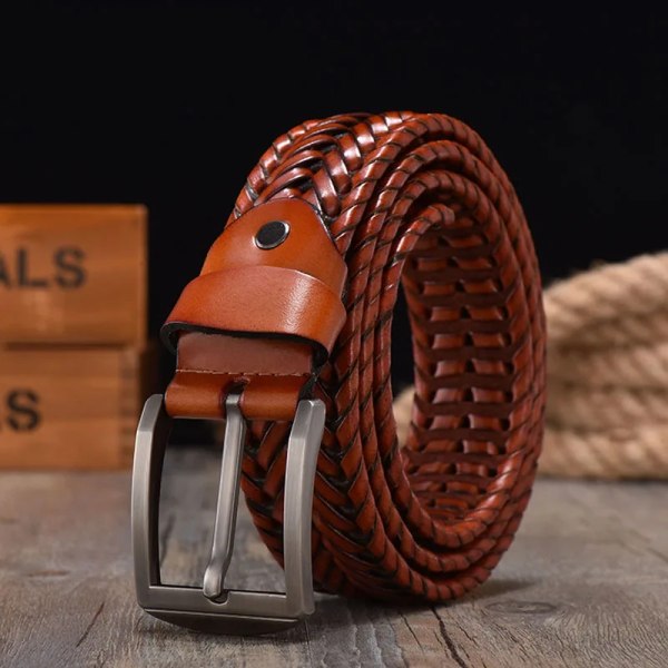 Flätat läderbälte för mäns bälten 4,0 cm bredd Lyxiga äkta läder ko-remmar Handstickat designerband läderbälte män Camel 115CM