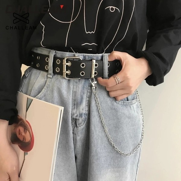 Kvinnor Bälte PU Läder Pin Spänne Punk Wind Jeans Ny stil mode Kvinna Svart Fri storlek Grommet Bälten för byxor 152 Two row with chain Free Size