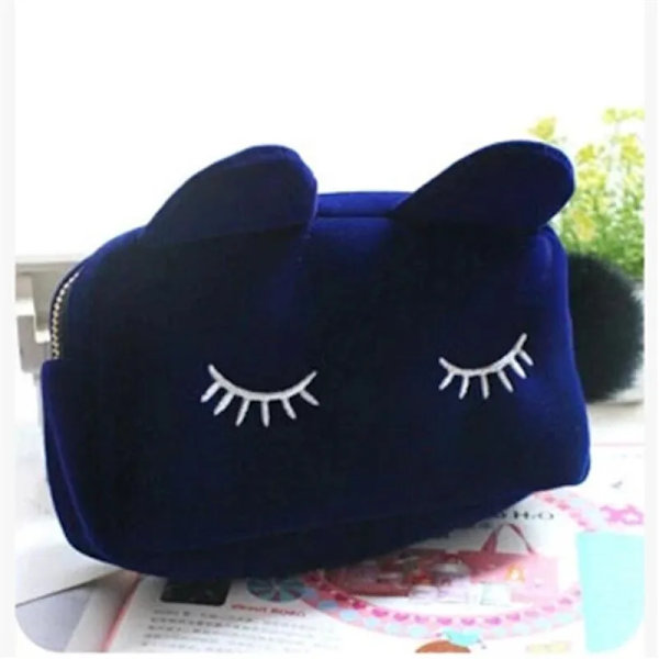 1 st Cartoon Cat Coin Toalettväska Case Resesmink Flanellpåse Organizer Kosmetikväska Fodral För Kvinnor Flickor Blue